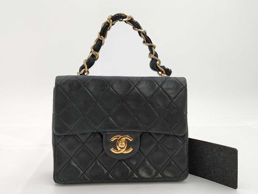 CHANEL Mini Matelasse Lambskin Top Handle Black Shoulder Bag 