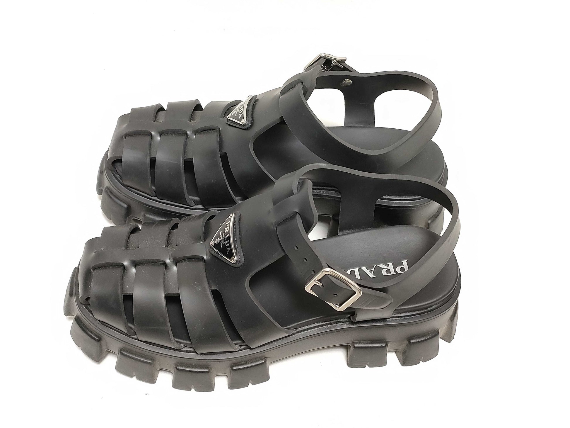 PRADA Prada Monolith Rubber Gurkha Sandals with Logo Plate, Black