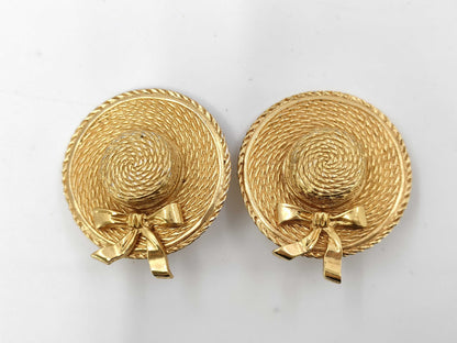 CHANEL engraved plate straw hat ribbon earrings