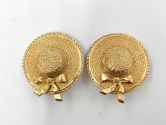 CHANEL engraved plate straw hat ribbon earrings