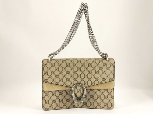 GUCCI GG Supreme Dionysus Large Shoulder Bag in Beige and Silver Supreme Coated Canvas 