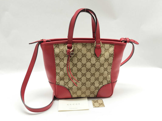 GUCCI GG Canvas Gucci Bree Tote Beige/Red Monogram Canvas Gold Shoulder Bag 449241 527620