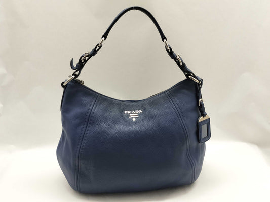 PRADA Prada Buckle Zip Hobo Shoulder Bag in Blue Vitello Dino Leather and Silver, Size 158