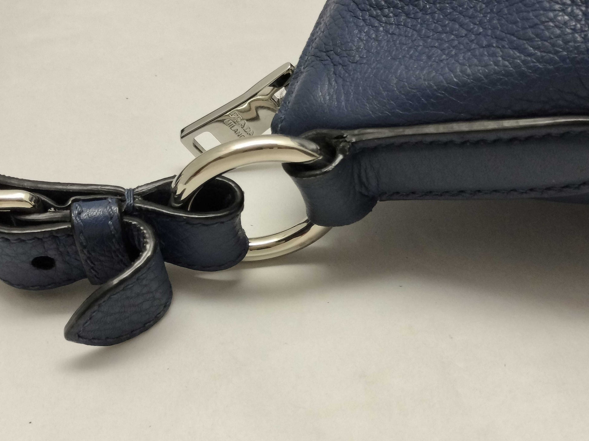 PRADA Prada Buckle Zip Hobo Shoulder Bag in Blue Vitello Dino Leather and Silver, Size 158