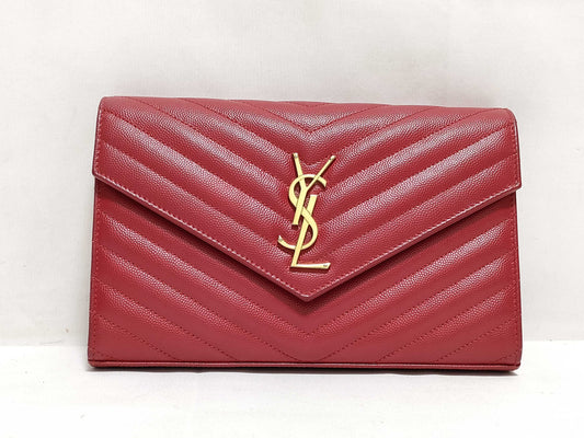 SAINT LAURENT Yves Saint Laurent Classic Cassandre Chain Wallet in Red Quilted Grain de Poudre Leather with Gold GUE377828-0217 Shoulder Bag