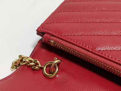 SAINT LAURENT Yves Saint Laurent Envelope Wallet on Chain in Red Quilted Grain de Poudre Leather with Gold GNC 393953 1118 Shoulder Bag