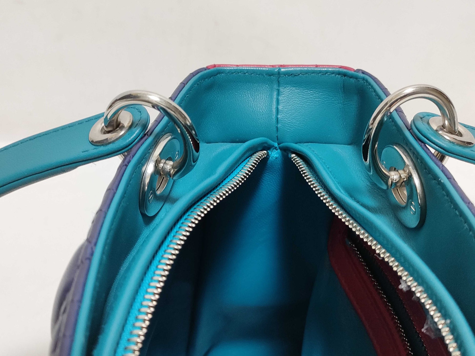 Dior Medium Tricolor Lady Dior Zip Handbag in Navy/Teal/Fuchsia Cannage Lambskin Leather with Silver 11-MA-1101