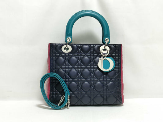 Dior Medium Tricolor Lady Dior Zip Handbag in Navy/Teal/Fuchsia Cannage Lambskin Leather with Silver 11-MA-1101