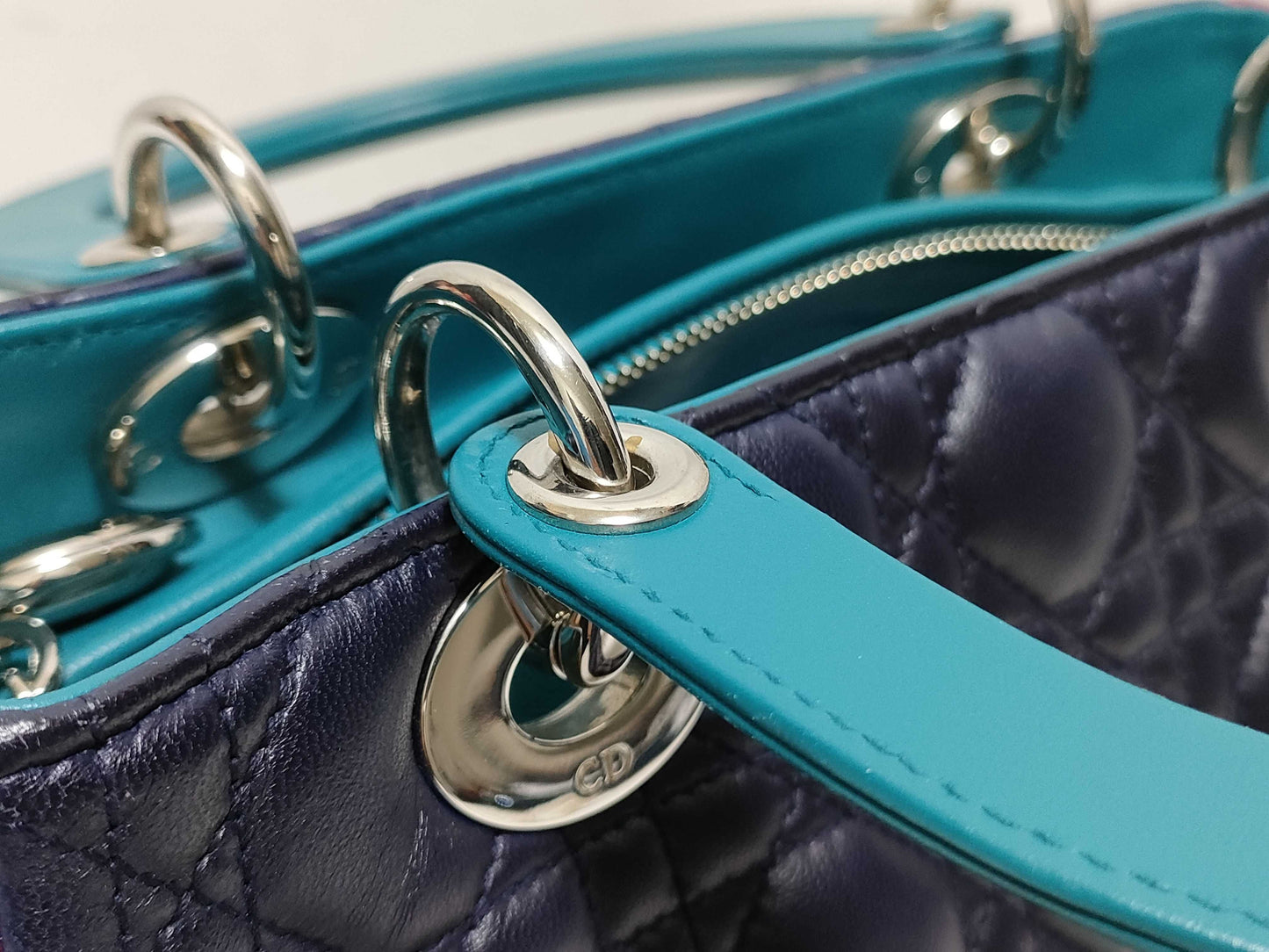 Dior Medium Tricolor Lady Dior Zip Handbag in Navy/Teal/Fuchsia Cannage Lambskin Leather with Silver 11-MA-1101