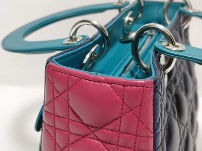 Dior Medium Tricolor Lady Dior Zip Handbag in Navy/Teal/Fuchsia Cannage Lambskin Leather with Silver 11-MA-1101