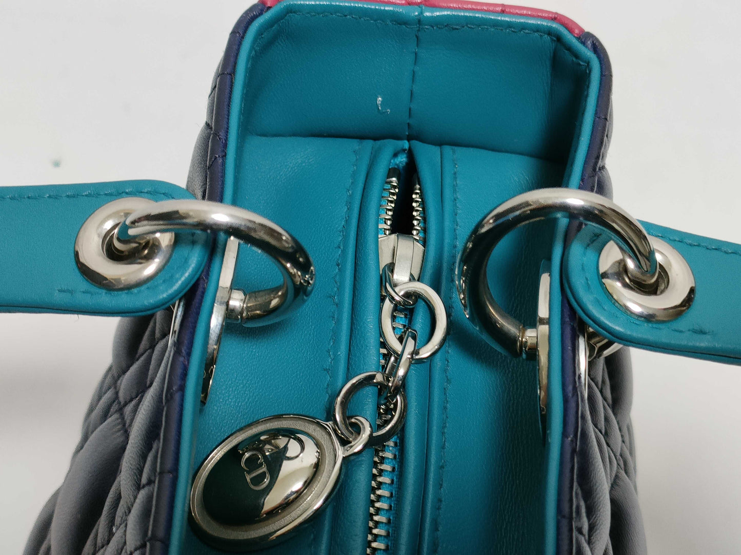 Dior Medium Tricolor Lady Dior Zip Handbag in Navy/Teal/Fuchsia Cannage Lambskin Leather with Silver 11-MA-1101