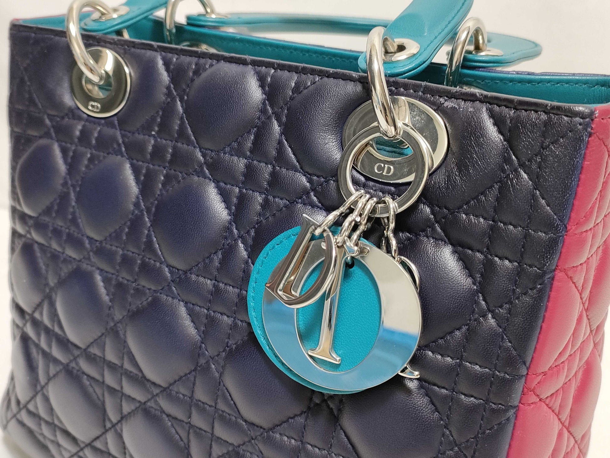 Dior Medium Tricolor Lady Dior Zip Handbag in Navy/Teal/Fuchsia Cannage Lambskin Leather with Silver 11-MA-1101