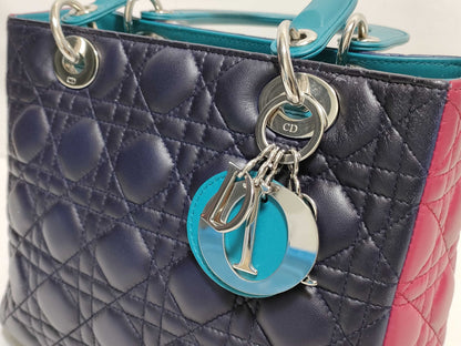 Dior Medium Tricolor Lady Dior Zip Handbag in Navy/Teal/Fuchsia Cannage Lambskin Leather with Silver 11-MA-1101