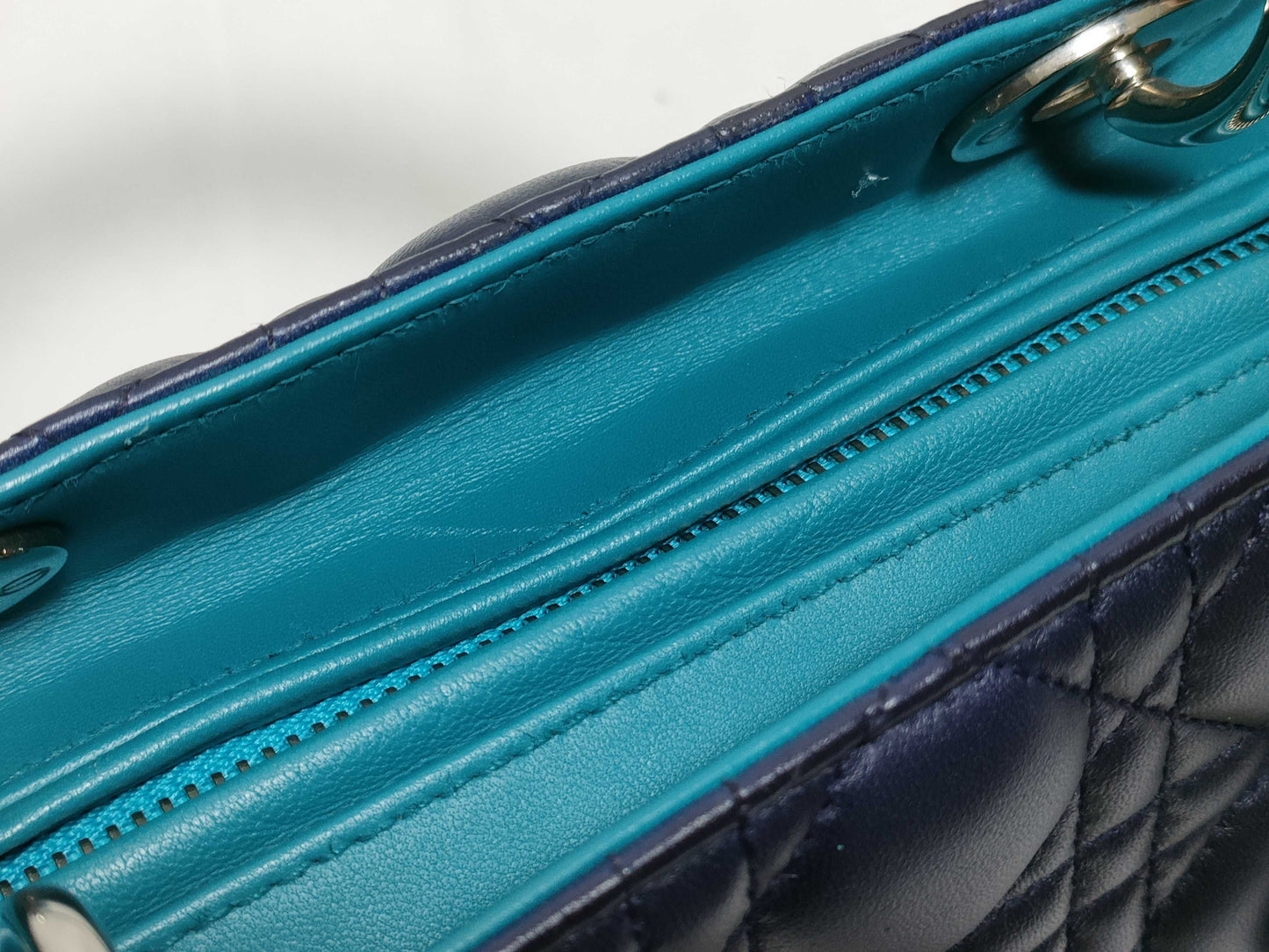 Dior Medium Tricolor Lady Dior Zip Handbag in Navy/Teal/Fuchsia Cannage Lambskin Leather with Silver 11-MA-1101