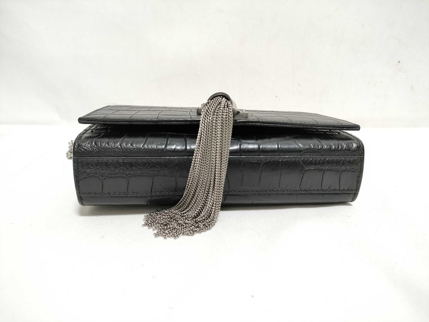 SAINT LAURENT Yves Saint Laurent Mini Tassel Kate Shoulder Bag in Black Crocodile-Embossed Leather with Silver DMR 344120 0716