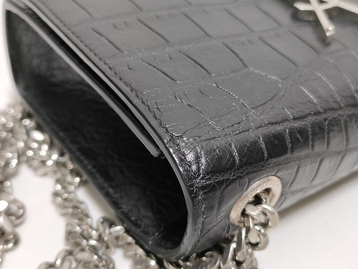SAINT LAURENT Yves Saint Laurent Mini Tassel Kate Shoulder Bag in Black Crocodile-Embossed Leather with Silver DMR 344120 0716