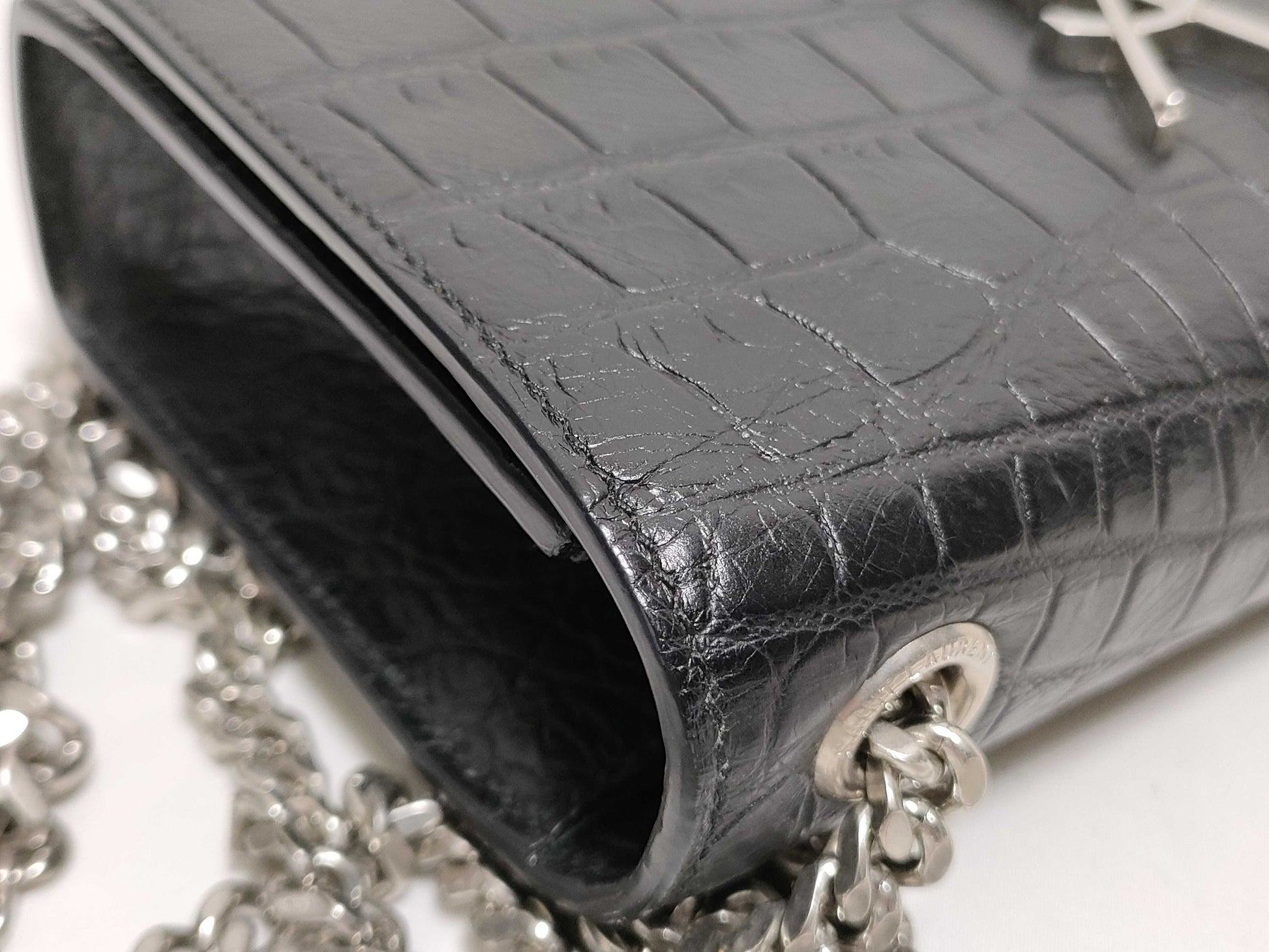 SAINT LAURENT Yves Saint Laurent Mini Tassel Kate Shoulder Bag in Black Crocodile-Embossed Leather with Silver DMR 344120 0716
