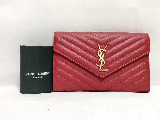 SAINT LAURENT Yves Saint Laurent Classic Cassandre Chain Wallet in Red Quilted Grain de Poudre Leather with Gold Accents Shoulder Bag
