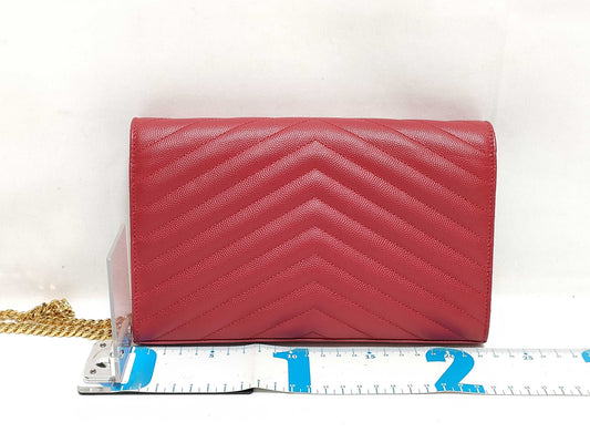 SAINT LAURENT Yves Saint Laurent Classic Cassandre Chain Wallet in Red Quilted Grain de Poudre Leather with Gold Accents Shoulder Bag