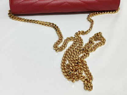 SAINT LAURENT Yves Saint Laurent Classic Cassandre Chain Wallet in Red Quilted Grain de Poudre Leather with Gold Accents Shoulder Bag