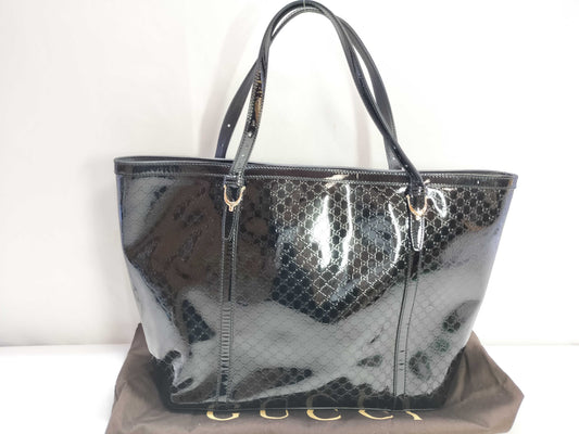 GUCCI Nice Tote in Black Micro Guccissima Patent Leather with Gold Tote Bag, 309613 002123