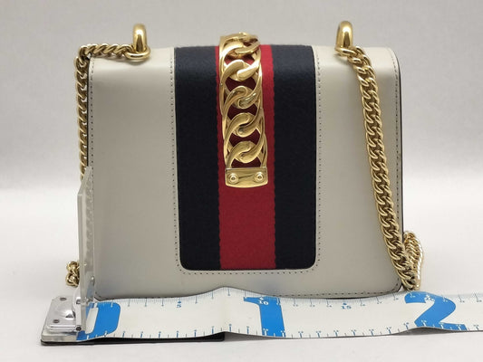 GUCCI Mini Sylvie Chain Bag in Ivory Calfskin Leather with Gold Finish 