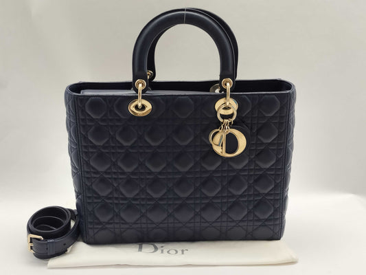 Dior Lady Dior Large Two-Tone Flap Handbag in Navy/Indigo Cannage Lambskin Leather with Gold Hardware 09-BO-1108