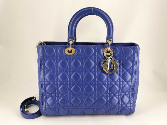 Dior Lady Dior Large Zip Handbag in Blue Cannage Lambskin Leather and Silver, 18-MA-0123