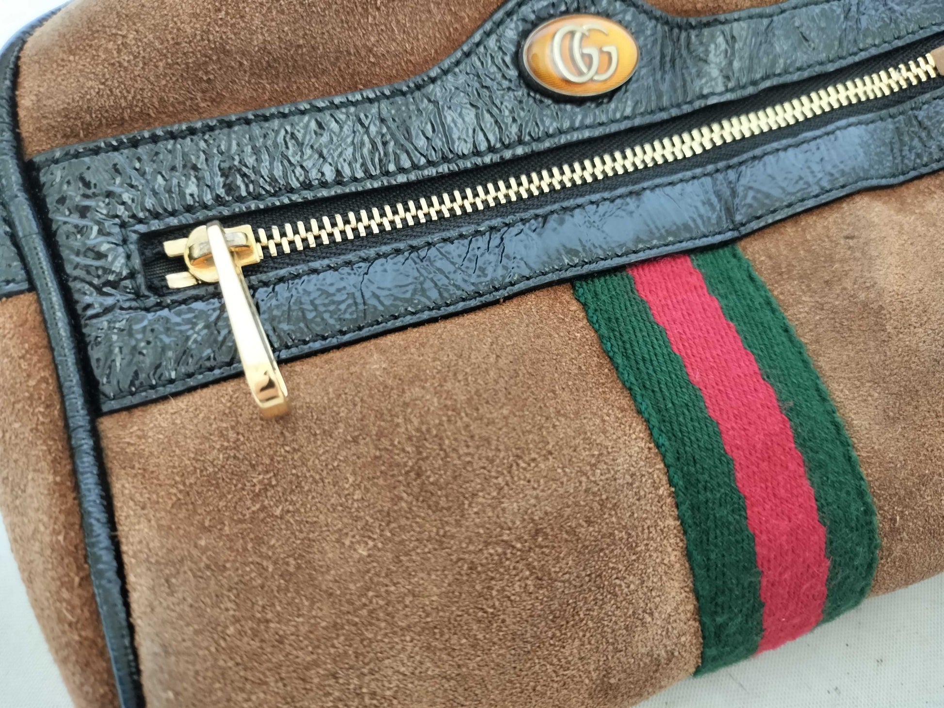 GUCCI Webbing GUCCI GG Supreme Ophidia Suede Brown Shoulder Bag