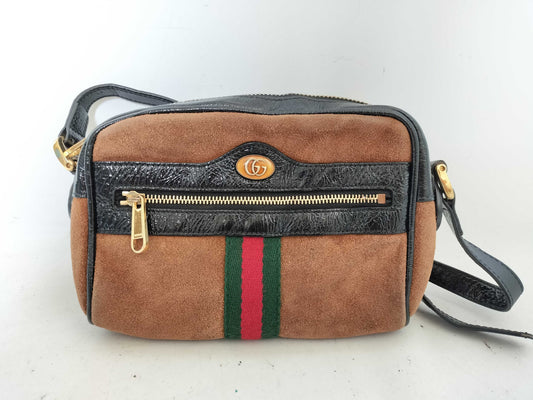 GUCCI Webbing GUCCI GG Supreme Ophidia Suede Brown Shoulder Bag