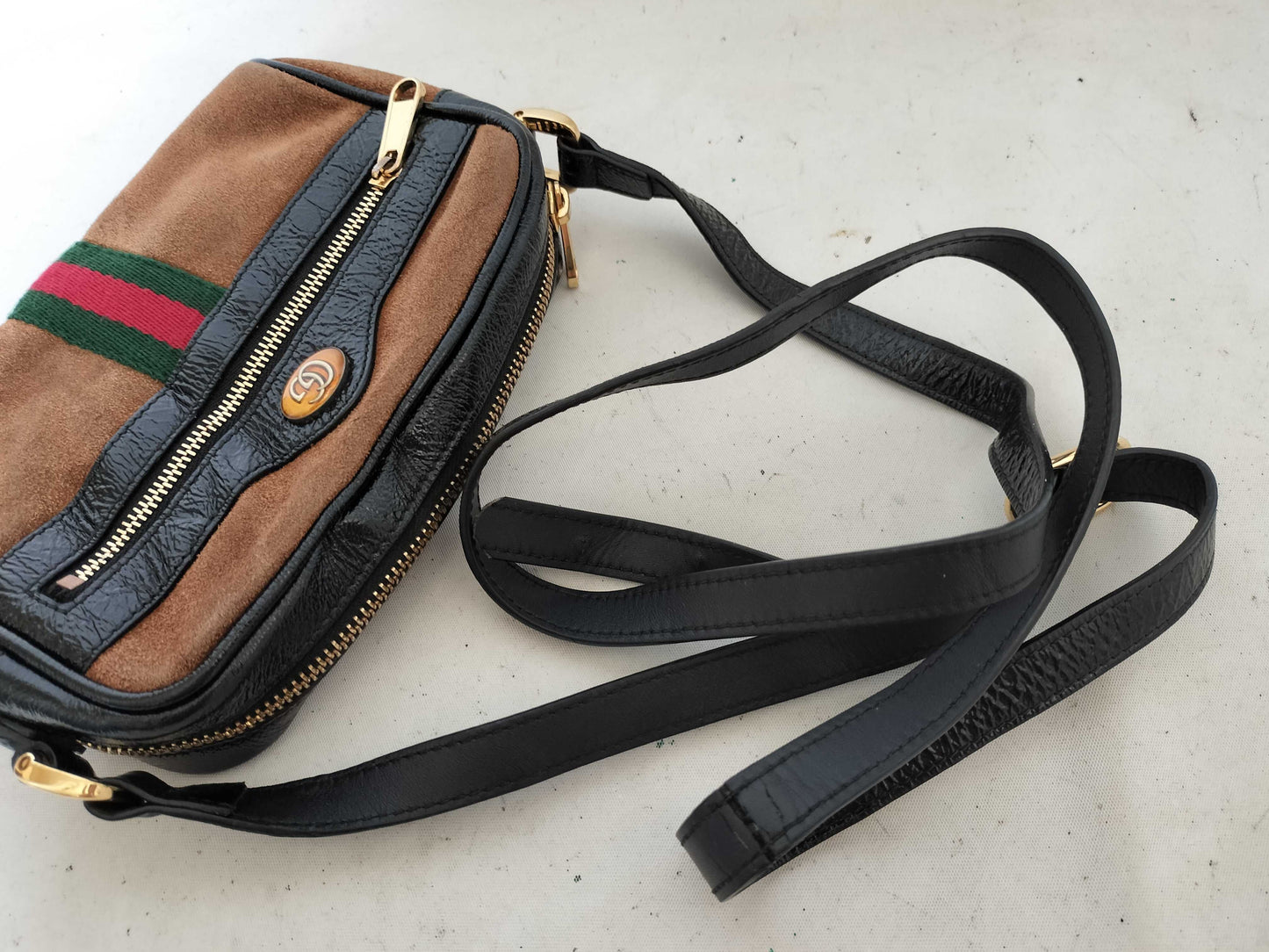 GUCCI Webbing GUCCI GG Supreme Ophidia Suede Brown Shoulder Bag