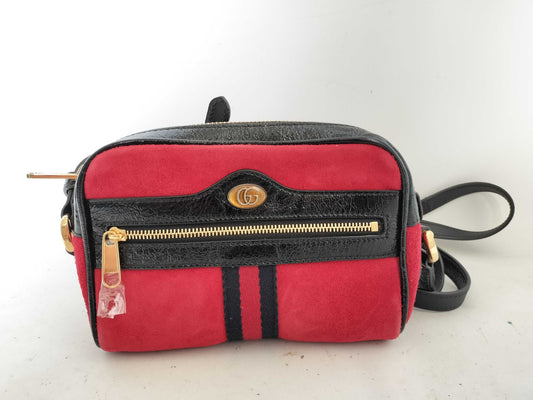 GUCCI GG Supreme Ophidia Suede Shoulder Bag in Red