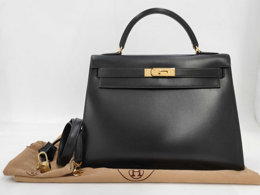 HERMES Kelly 32 Serie Box Calf Leather Black with Gold Hardware □C: 1999 Handbag