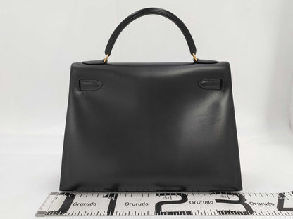 HERMES Kelly 32 Serie Box Calf Leather Black with Gold Hardware □C: 1999 Handbag