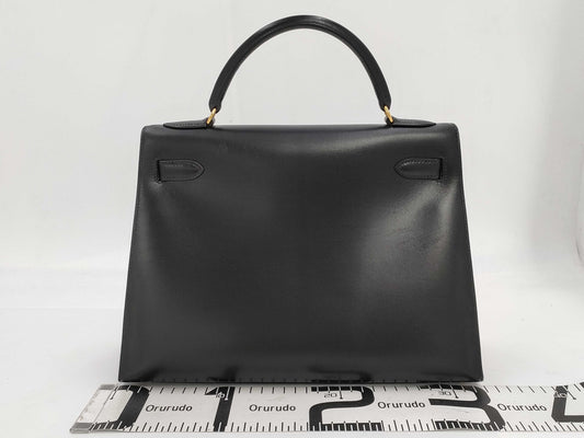 HERMES Kelly 32 Serie Box Calf Leather Black with Gold Hardware □C: 1999 Handbag