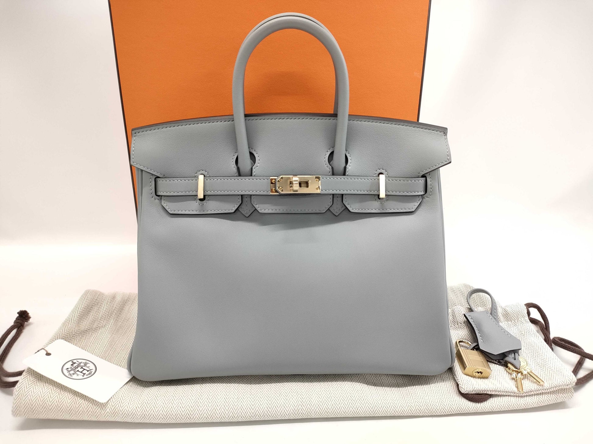 HERMES Birkin 25 in Platinum with Swift Champagne Gold Hardware and K Stamp.