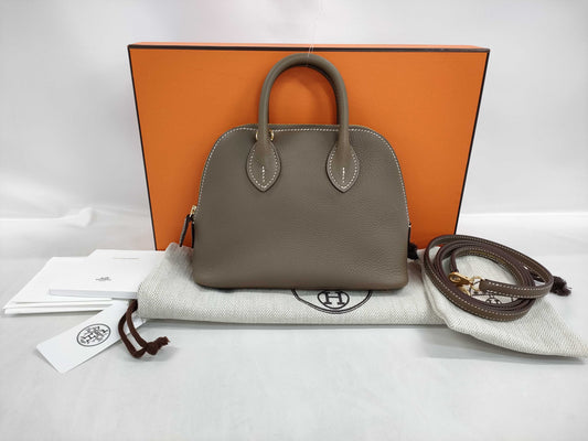 HERMES Bolide 1923 Mini Etoupe/Ecorse Evercolor Shoulder Bag with Gold Hardware and Double Stamp