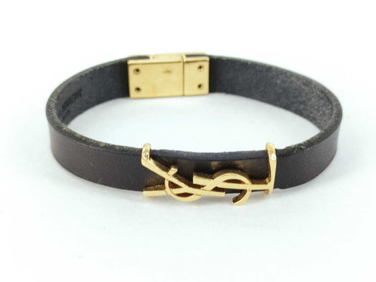 Yves Saint Laurent Cassandra Logo Bracelet in Leather, Black and Gold