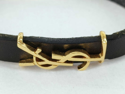 Yves Saint Laurent Cassandra Logo Bracelet in Leather, Black and Gold