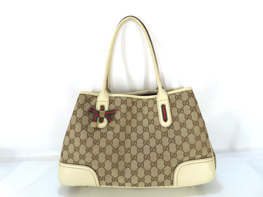 GUCCI GG Canvas Princess Ribbon Tote Bag, Beige, 163805, Handbag