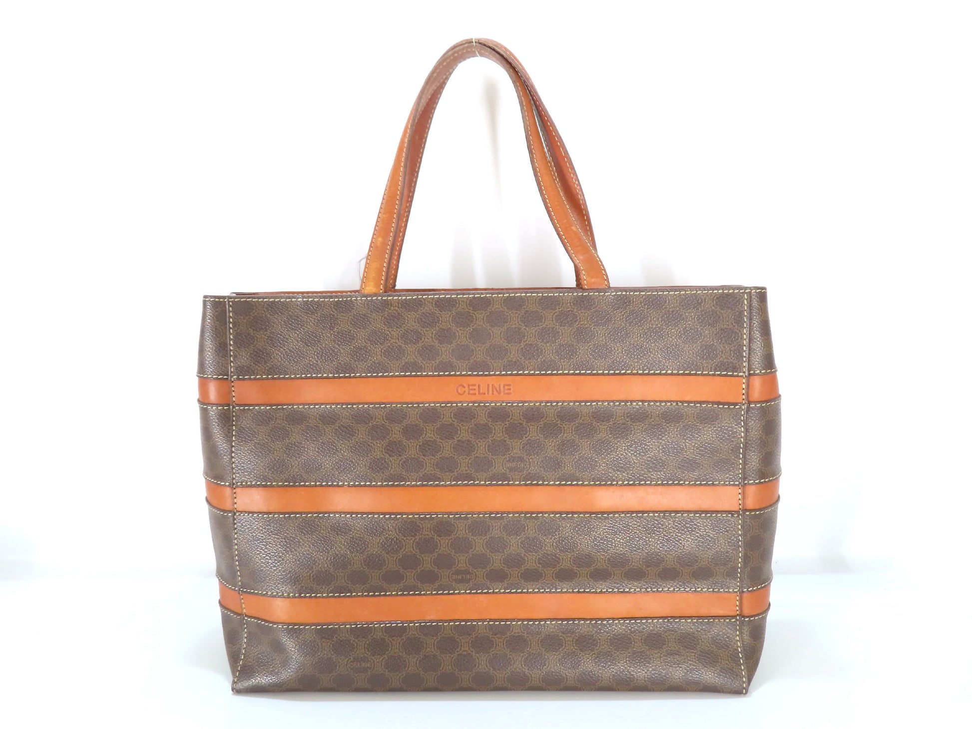 CELINE Old Celine Macadam Logo Stripe Tote Bag Brown
