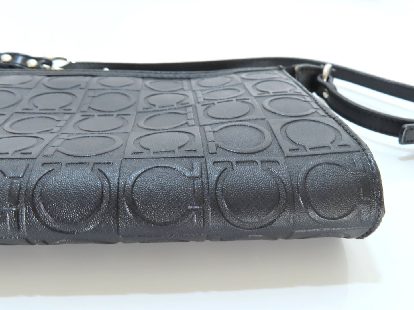 Salvatore Ferragamo Gancini Embossed Shoulder Mini Bag in Black with Pouch