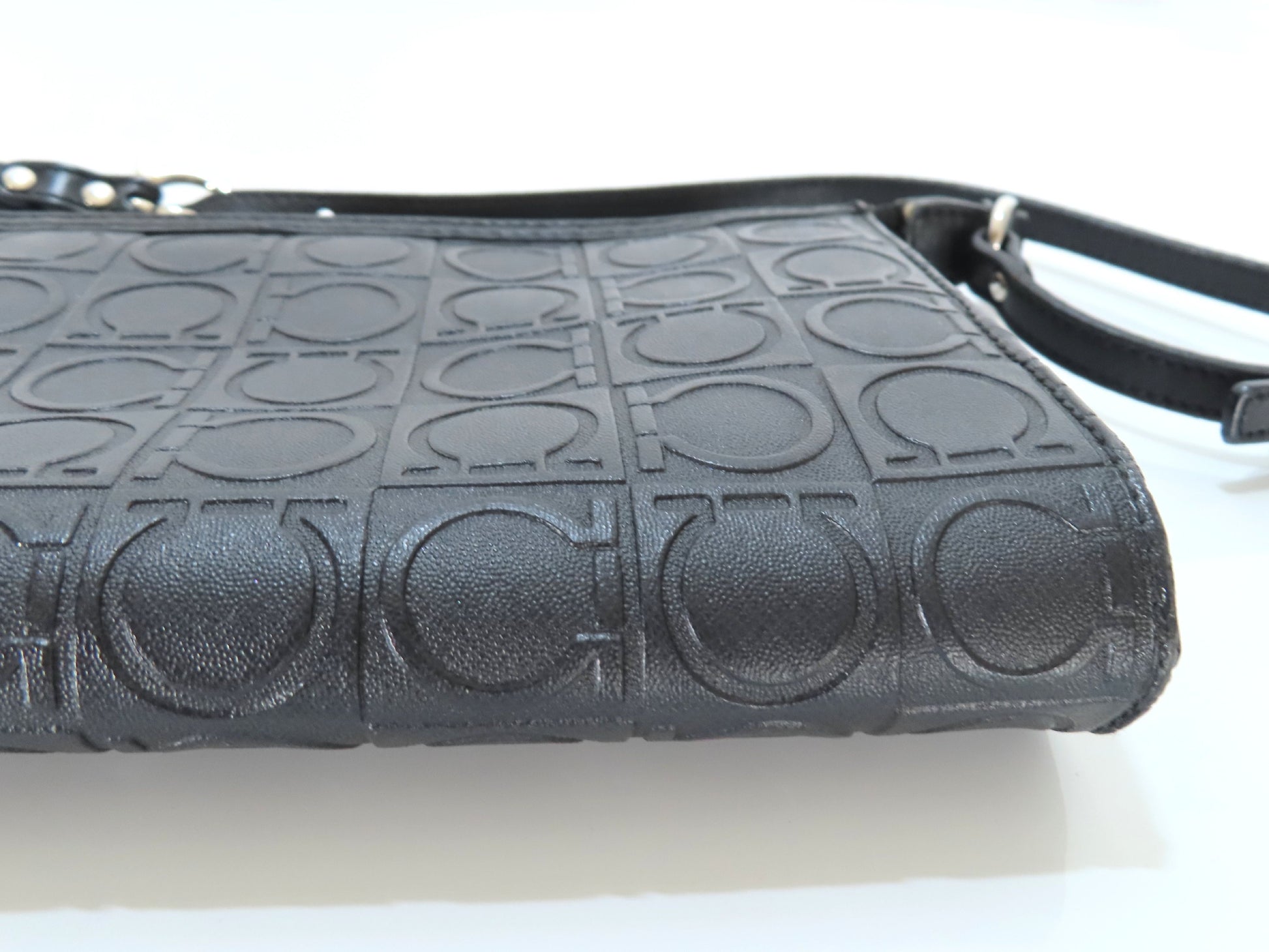 Salvatore Ferragamo Gancini Embossed Shoulder Mini Bag in Black with Pouch