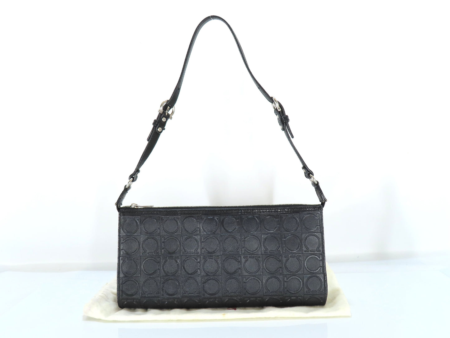 Salvatore Ferragamo Gancini Embossed Shoulder Mini Bag in Black with Pouch