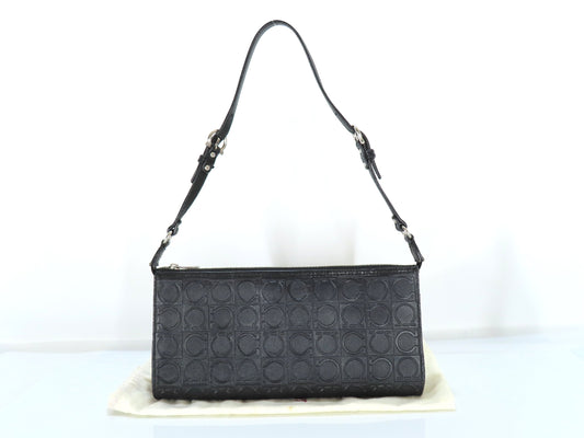 Salvatore Ferragamo Gancini Embossed Shoulder Mini Bag in Black with Pouch