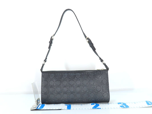 Salvatore Ferragamo Gancini Embossed Shoulder Mini Bag in Black with Pouch