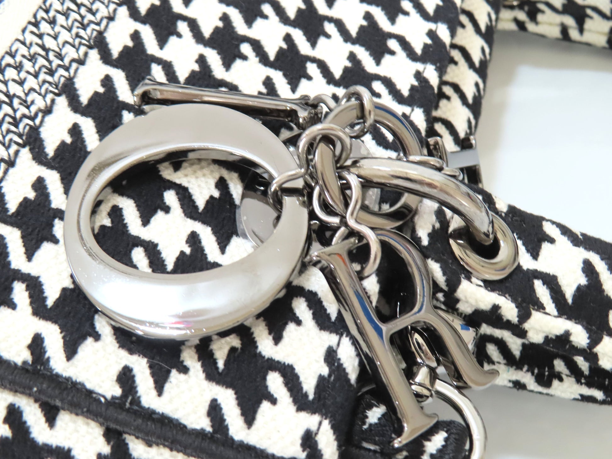 Christian Dior Lady D Light Medium 2-Way Handbag, White and Black Houndstooth
