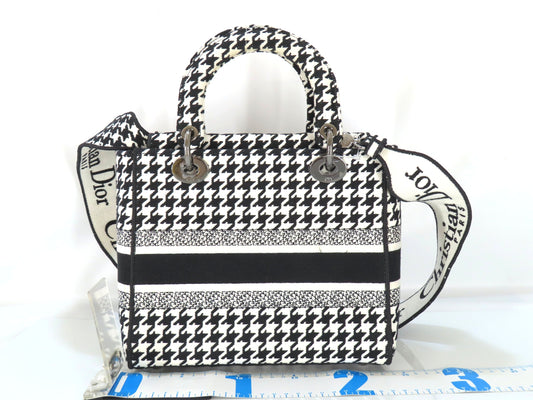 Christian Dior Lady D Light Medium 2-Way Handbag, White and Black Houndstooth
