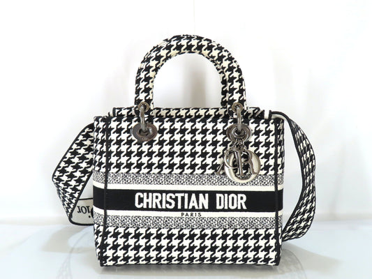 Christian Dior Lady D Light Medium 2-Way Handbag, White and Black Houndstooth