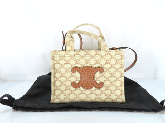 CELINE Triomphe Small Cabas Tais Beige Canvas Handbag
